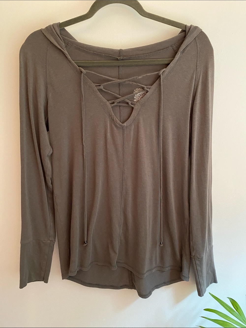 3 for 15$! Women's Lace-Up Hooded Long Sleeve Top in Olive